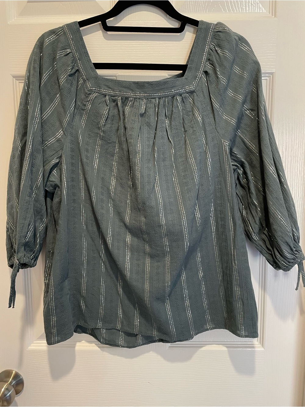 LC Lauren Conrad Sage Green Metallic-Striped Peasant Top